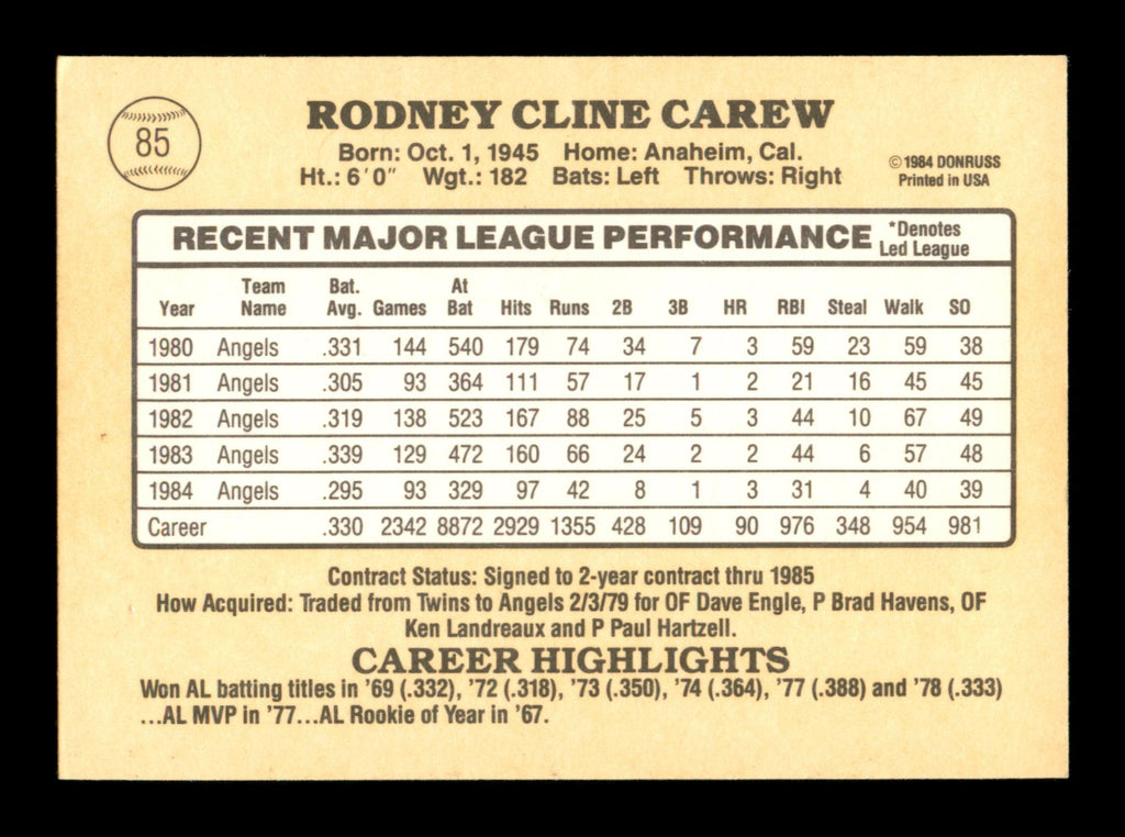 Rod Carew Autographed 1985 Donruss Card #85 California Angels SKU #186675
