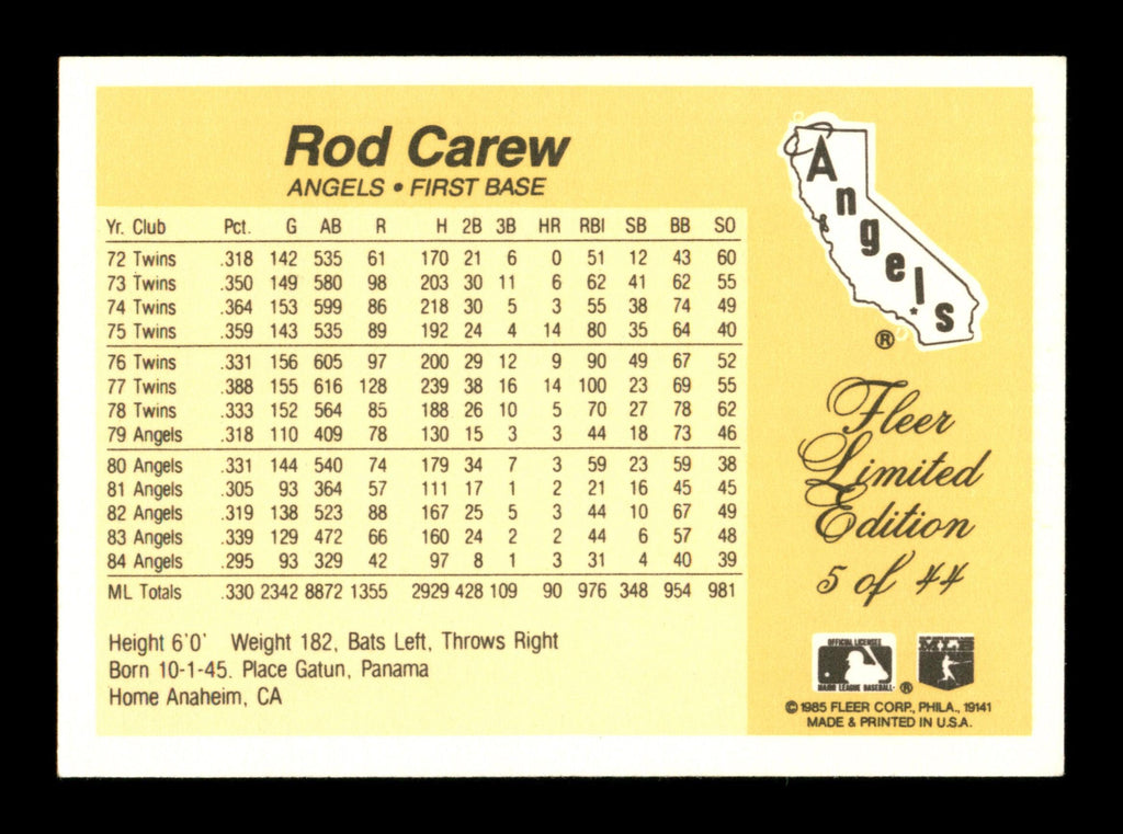 Rod Carew Autographed 1985 Fleer Limited Edition Card #5 California Angels SKU #186684
