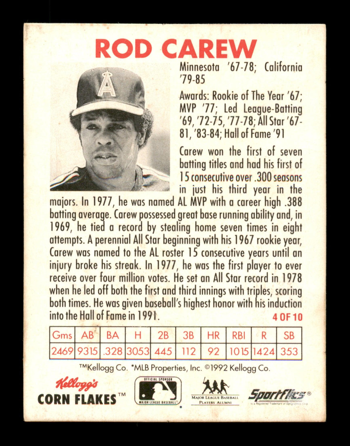 Rod Carew Autographed 1992 Kellogg's Sportflics Card #4 California Angels SKU #186745