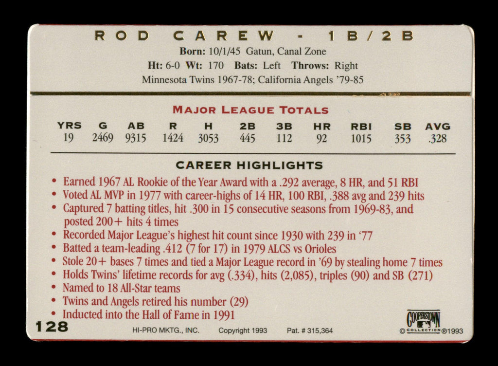 Rod Carew Autographed 1993 Action Packed Card #128 Minnesota Twins SKU #186748