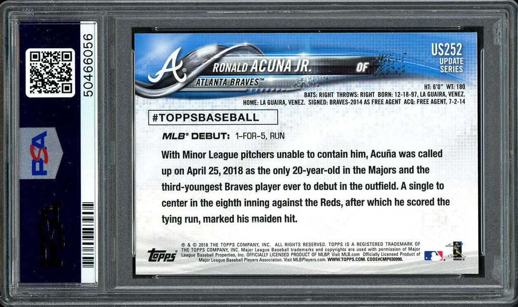 Ronald Acuna Jr. Autographed 2018 Topps Update Rookie Card #US252 Atlanta Braves Auto Grade 10 Card Grade Mint 9 PSA/DNA #50466056