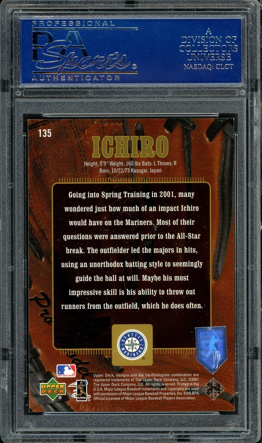 Ichiro Suzuki Autographed 2001 Upper Deck Gold Glove Rookie Card #135 Seattle Mariners #444/500 PSA/DNA #83118074