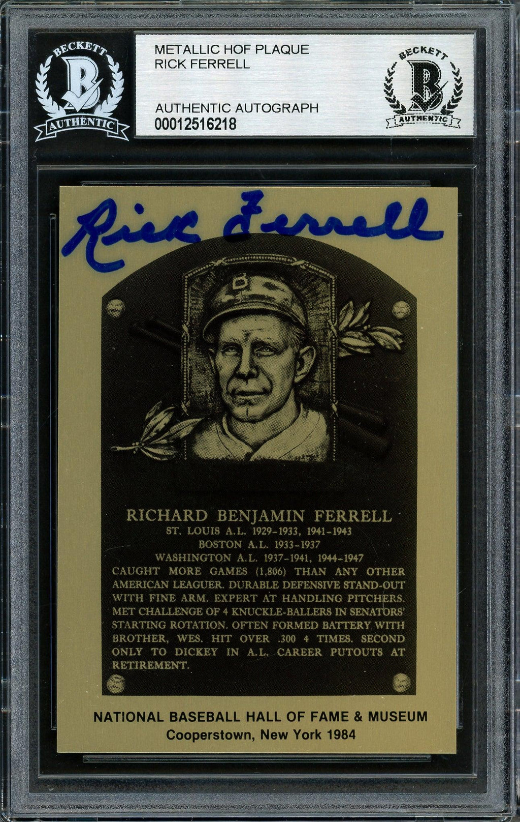 Rick Ferrell Autographed 1984 Metallic HOF Plaque Card Boston Red Sox Beckett BAS #12516218