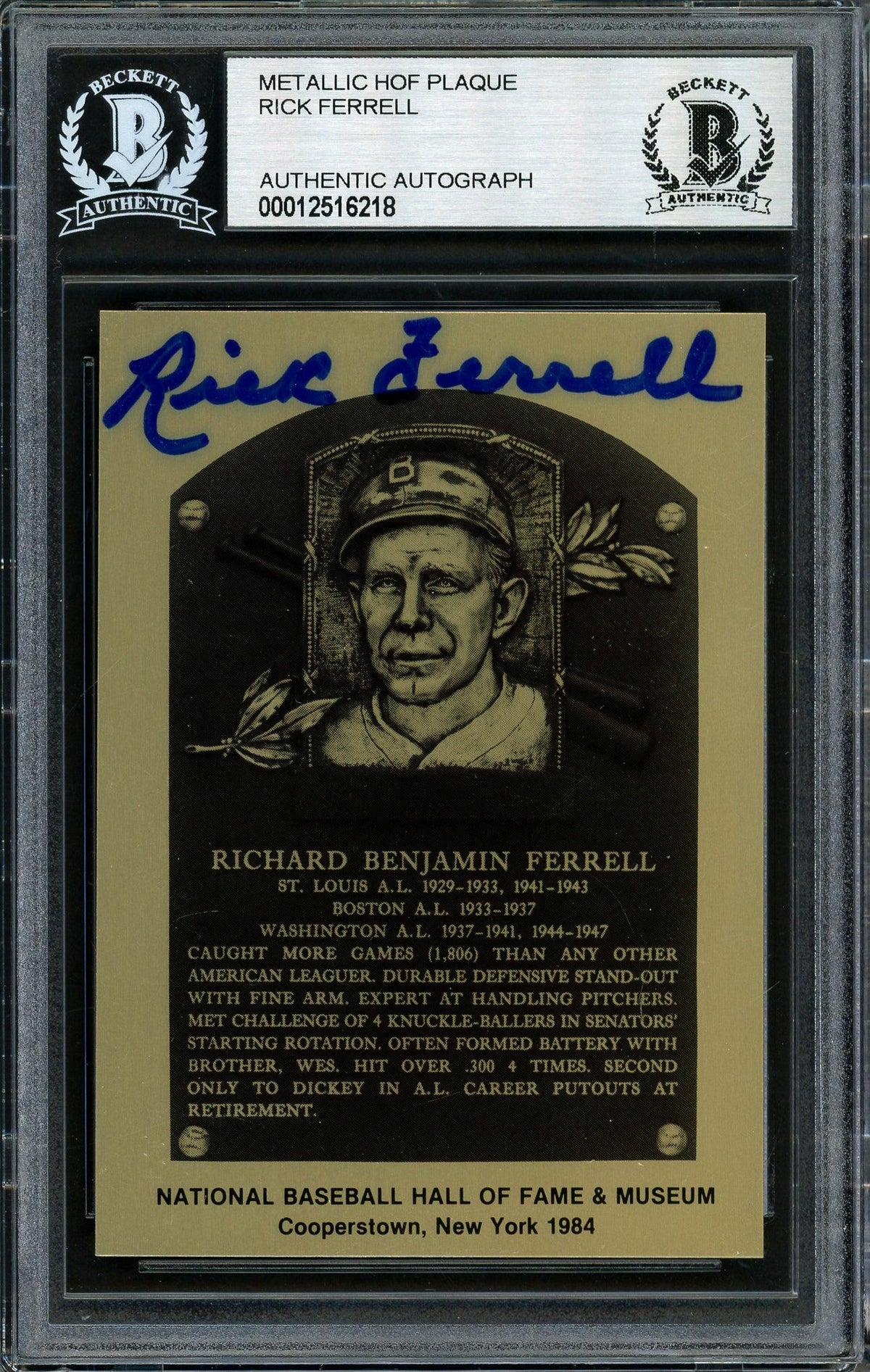 Rick Ferrell Autographed 1984 Metallic HOF Plaque Card Boston Red Sox Beckett BAS #12516218