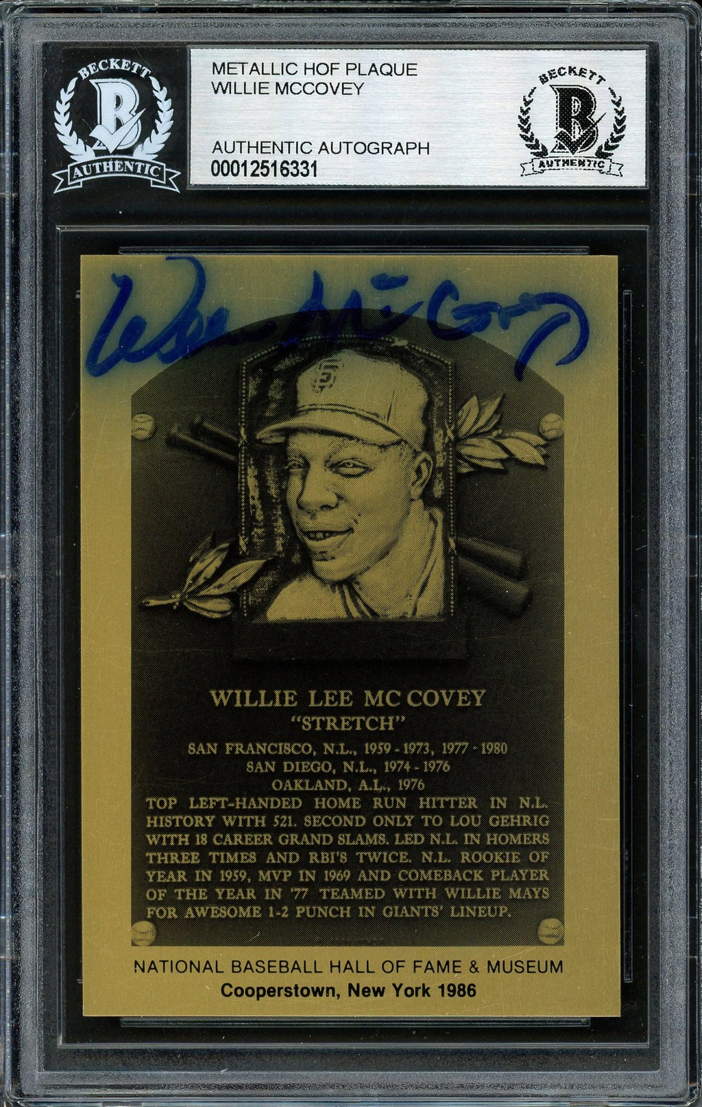 Willie McCovey Autographed 1986 Metallic HOF Plaque Card San Francisco Giants Beckett BAS #12516331
