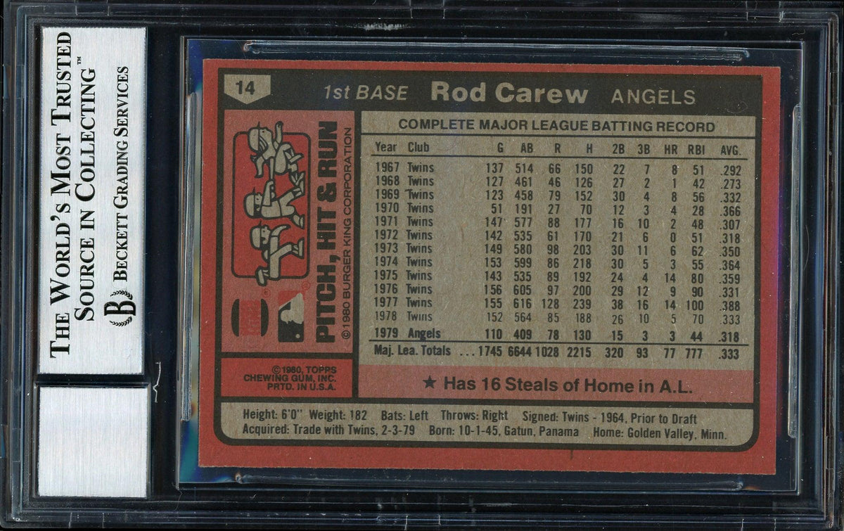 Rod Carew Autographed 1980 Topps Burger King Card #14 California Angels Auto Grade 10 Beckett BAS #12511000