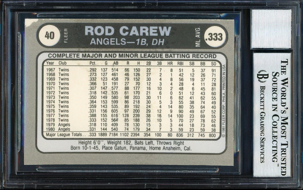 Rod Carew Autographed 1981 Fleer Sticker Card #40 California Angels Auto Grade 10 Beckett BAS #12511103