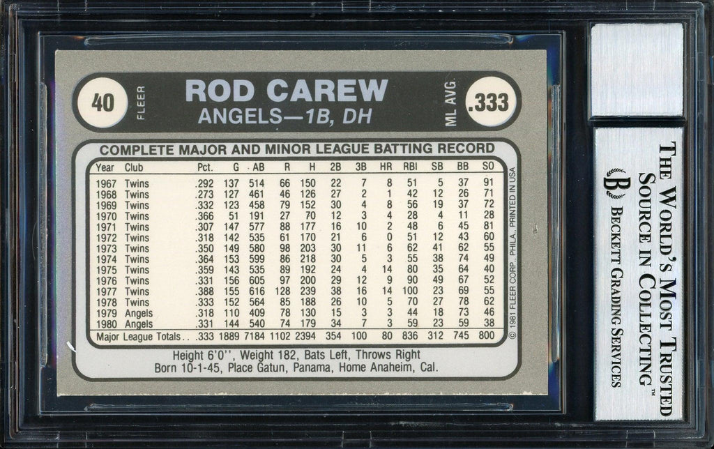 Rod Carew Autographed 1981 Fleer Sticker Card #40 California Angels Auto Grade 10 Beckett BAS #12511104