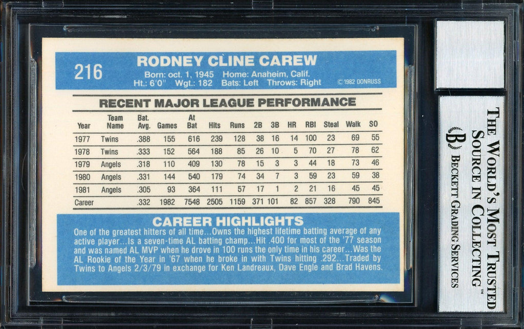 Rod Carew Autographed 1982 Donruss Card #216 California Angels Auto Grade 10 Beckett BAS #12511135