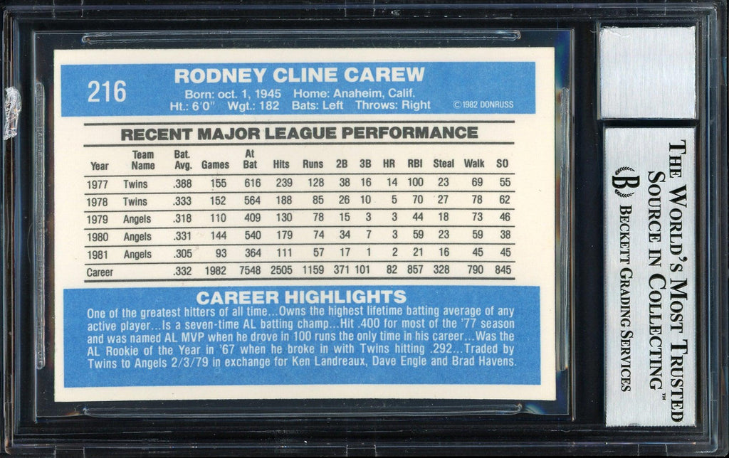 Rod Carew Autographed 1982 Donruss Card #216 California Angels Auto Grade 10 Beckett BAS #12511131