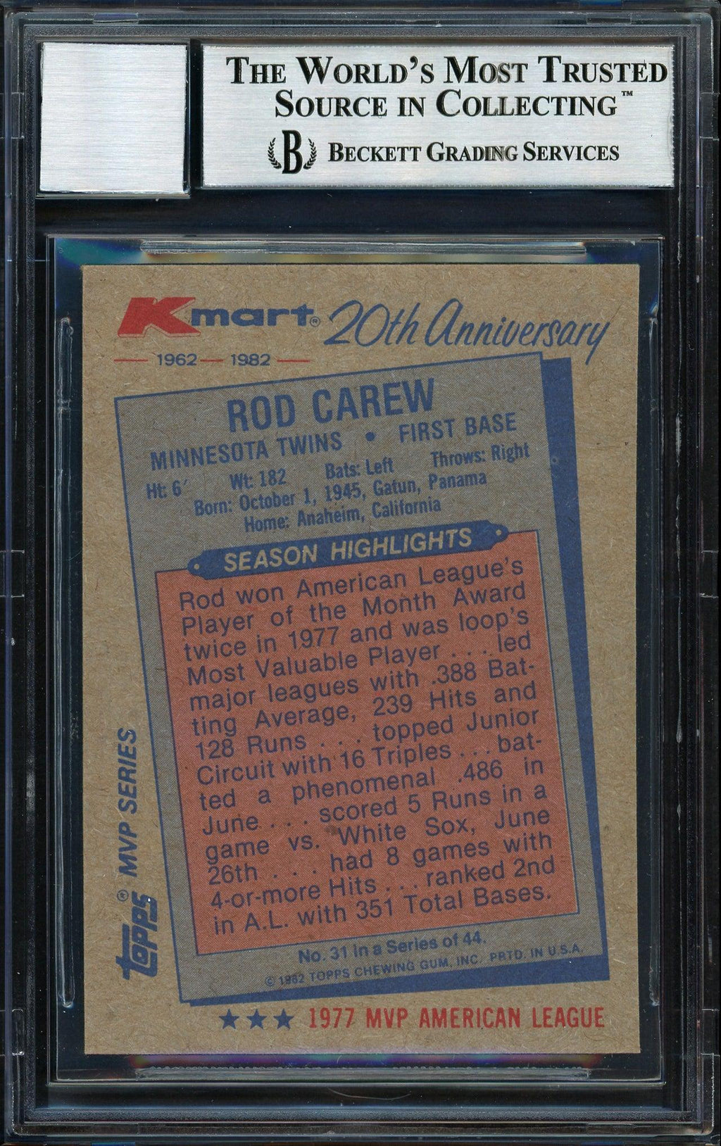 Rod Carew Autographed 1982 Topps K-Mart Card #31 California Angels Auto Grade 10 Beckett BAS #12511241