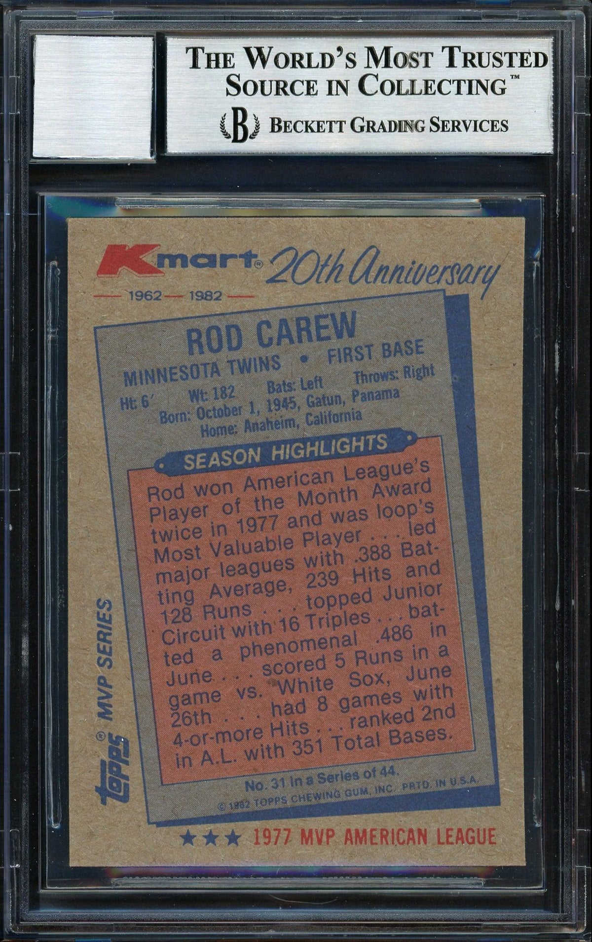 Rod Carew Autographed 1982 Topps K-Mart Card #31 California Angels Auto Grade 10 Beckett BAS #12511241