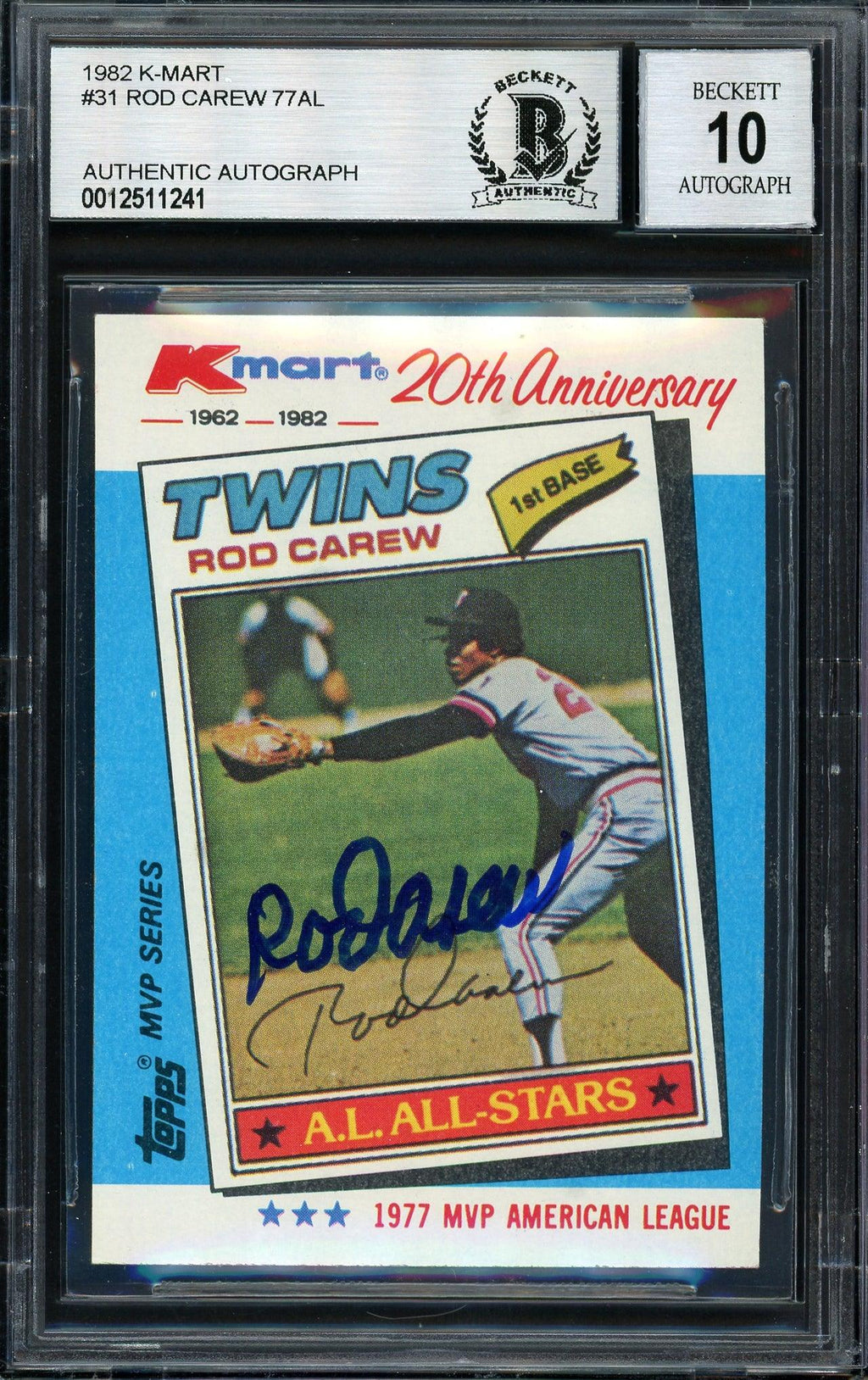 Rod Carew Autographed 1982 Topps K-Mart Card #31 California Angels Auto Grade 10 Beckett BAS #12511241
