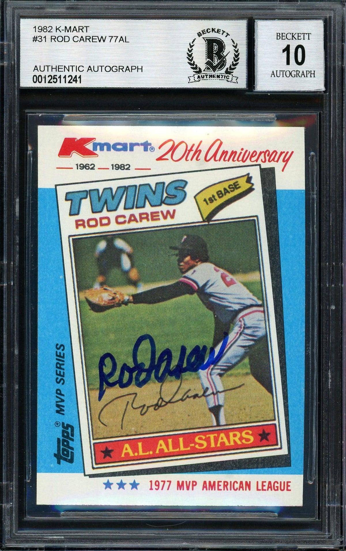 Rod Carew Autographed 1982 Topps K-Mart Card #31 California Angels Auto Grade 10 Beckett BAS #12511241