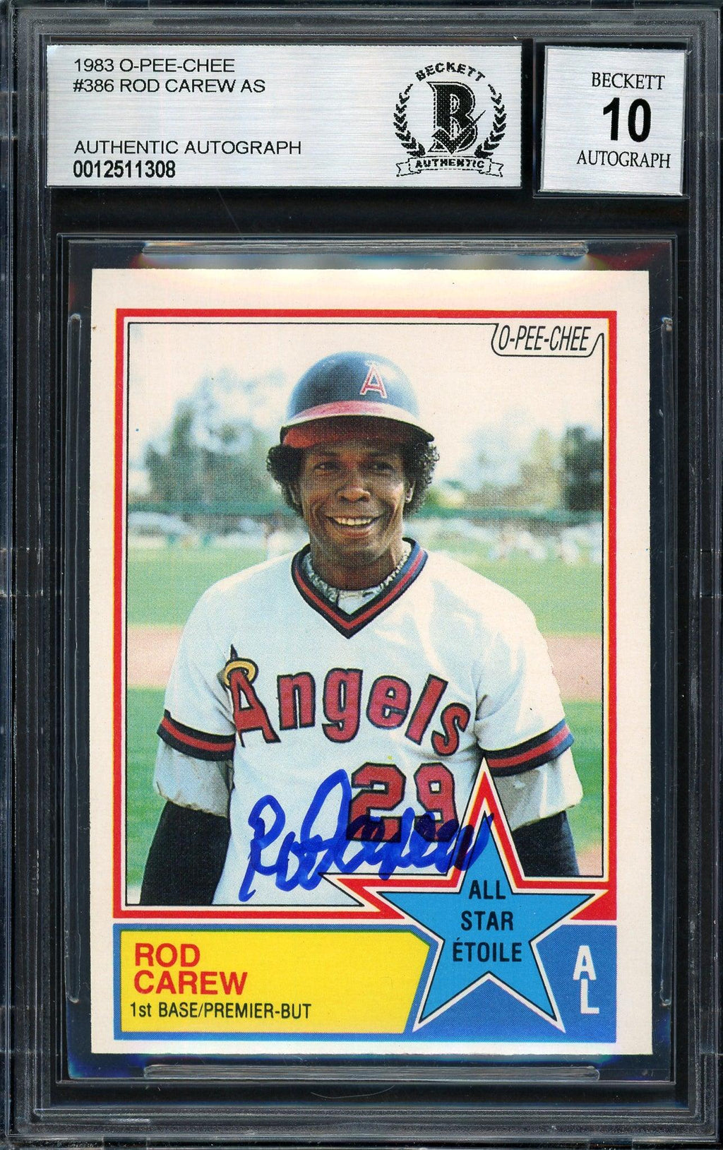 Rod Carew Autographed 1983 O-Pee-Chee Card #386 California Angels Auto Grade 10 Beckett BAS #12511308