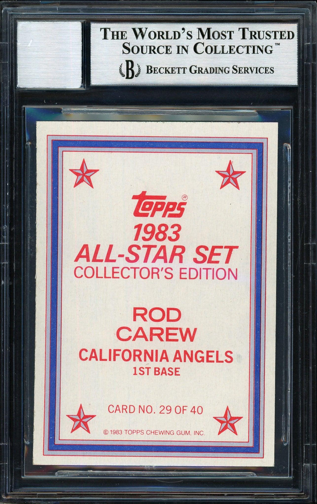 Rod Carew Autographed 1983 Topps All Star Set Card #29 California Angels Auto Grade 10 Beckett BAS Stock #186069