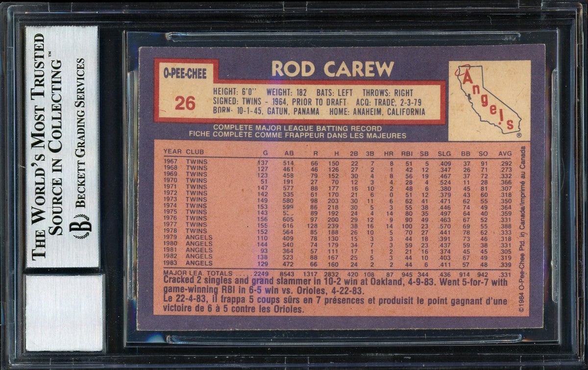 Rod Carew Autographed 1984 O-Pee-Chee Card #26 California Angels Auto Grade 10 Beckett BAS #12511506