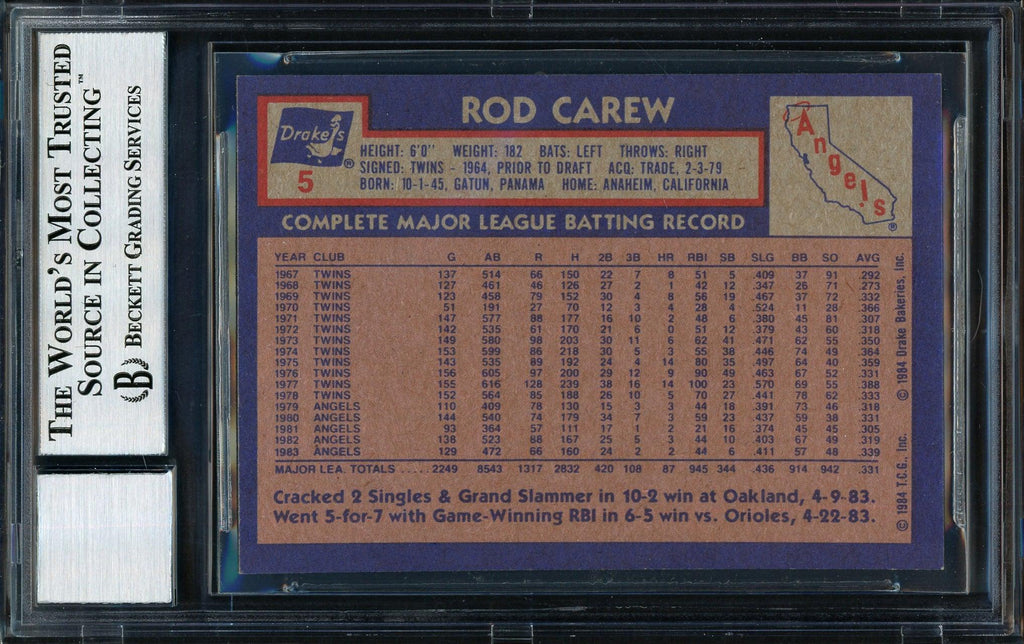 Rod Carew Autographed 1984 Topps Drake's Card #5 California Angels Auto Grade 10 Beckett BAS #12510572