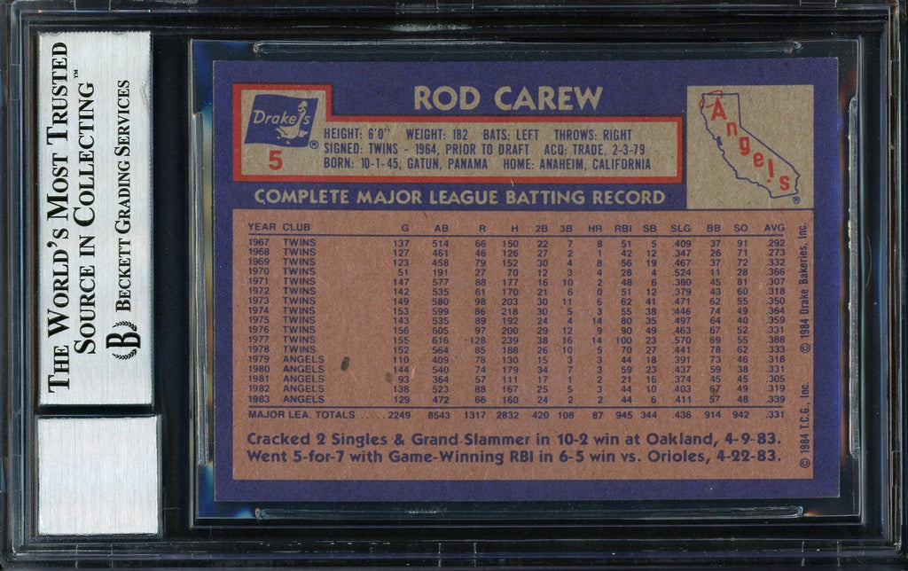 Rod Carew Autographed 1984 Topps Drake's Card #5 California Angels Auto Grade 10 Beckett BAS #12510573