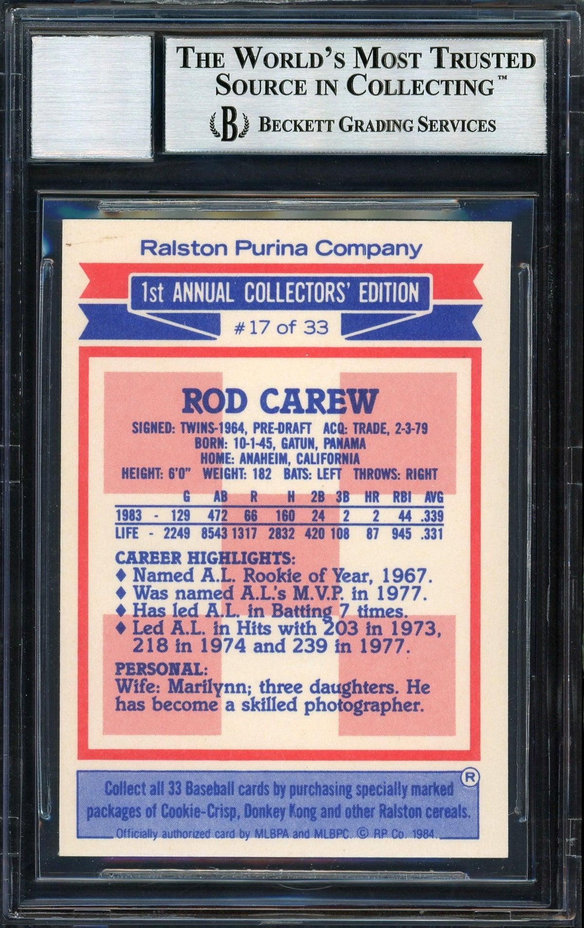 Rod Carew Autographed 1984 Topps Ralston Purina Card #17 California Angels Auto Grade 10 Beckett BAS #12510575
