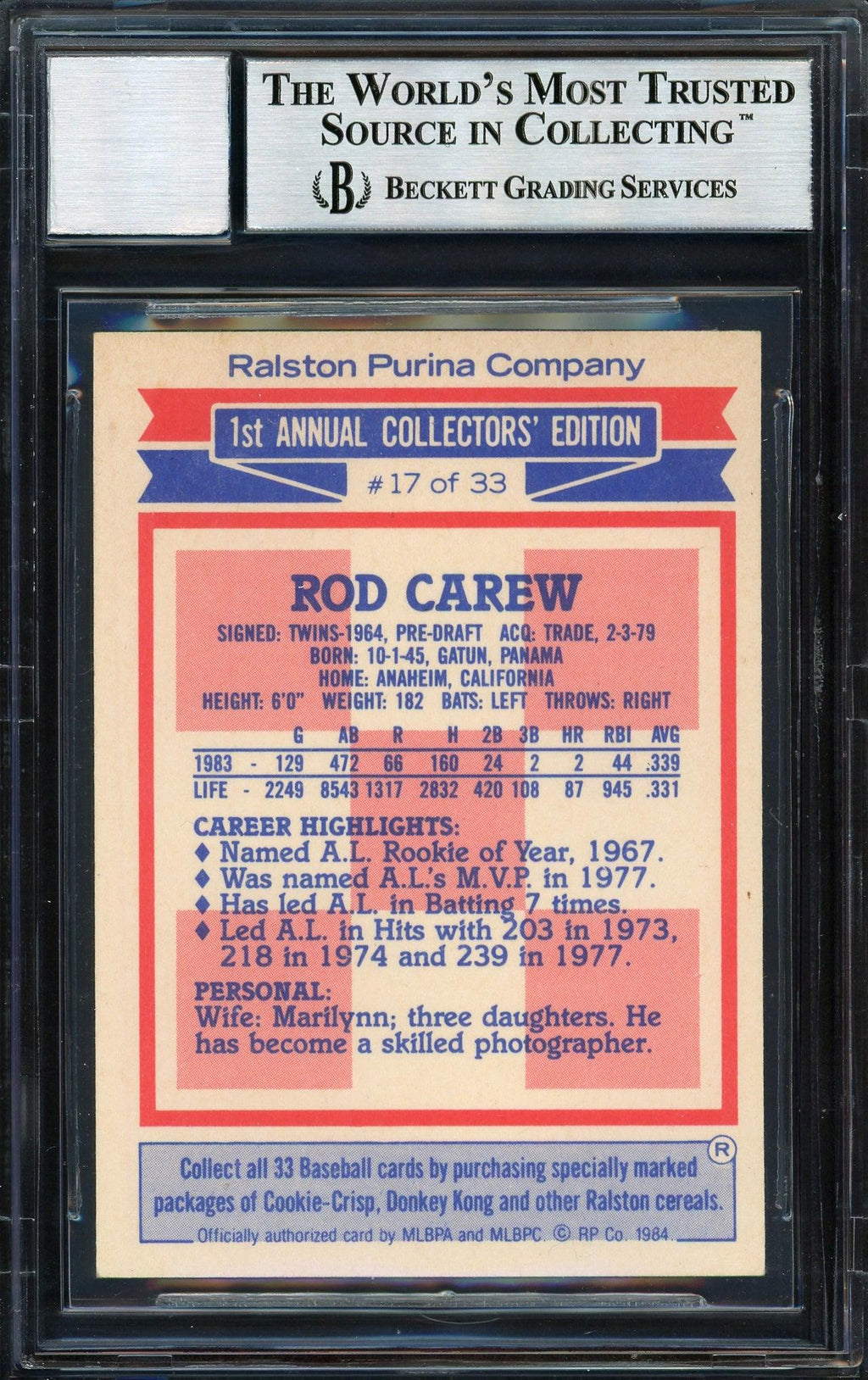 Rod Carew Autographed 1984 Topps Ralston Purina Card #17 California Angels Auto Grade 10 Beckett BAS #12510577