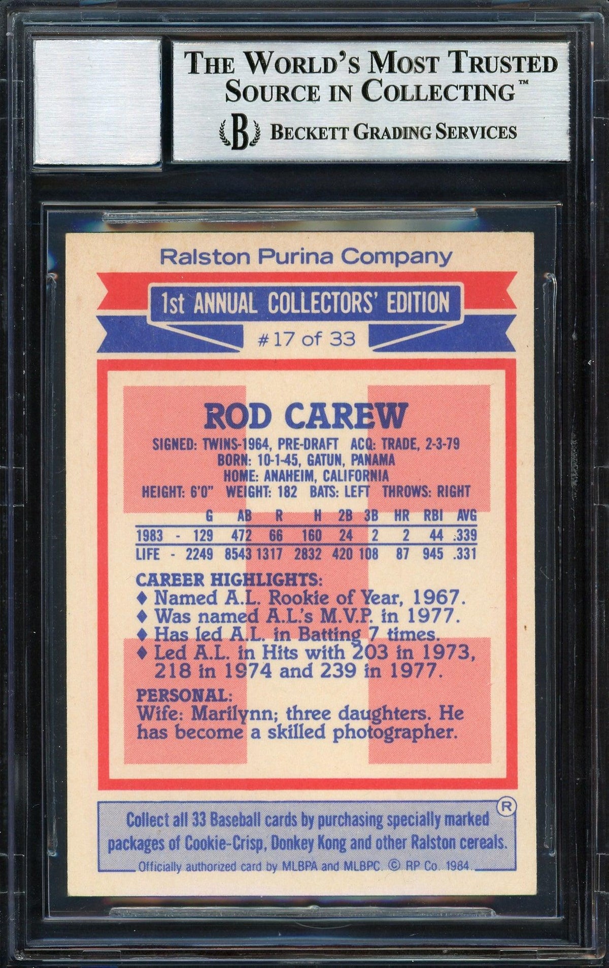 Rod Carew Autographed 1984 Topps Ralston Purina Card #17 California Angels Auto Grade 10 Beckett BAS #12510577