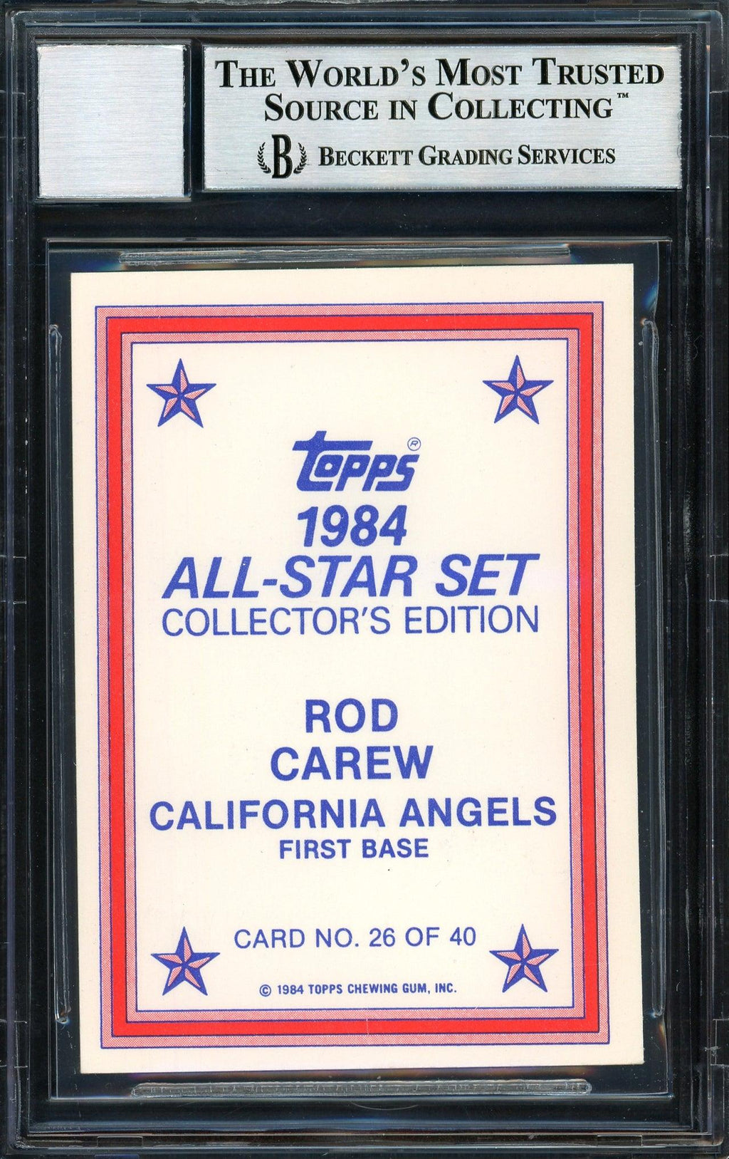 Rod Carew Autographed 1984 Topps All Star Set Card #26 California Angels Auto Grade 10 Beckett BAS #12510583