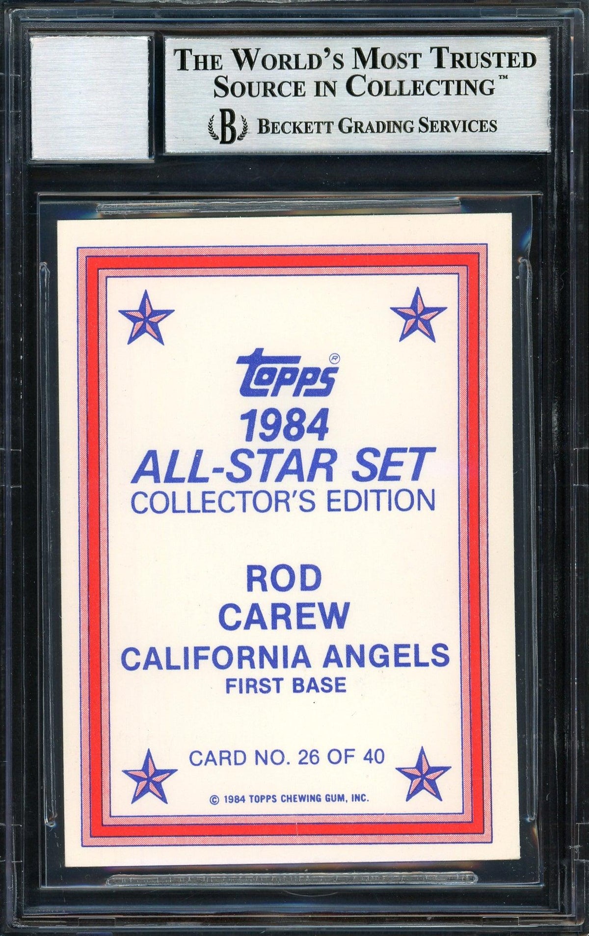Rod Carew Autographed 1984 Topps All Star Set Card #26 California Angels Auto Grade 10 Beckett BAS #12510583