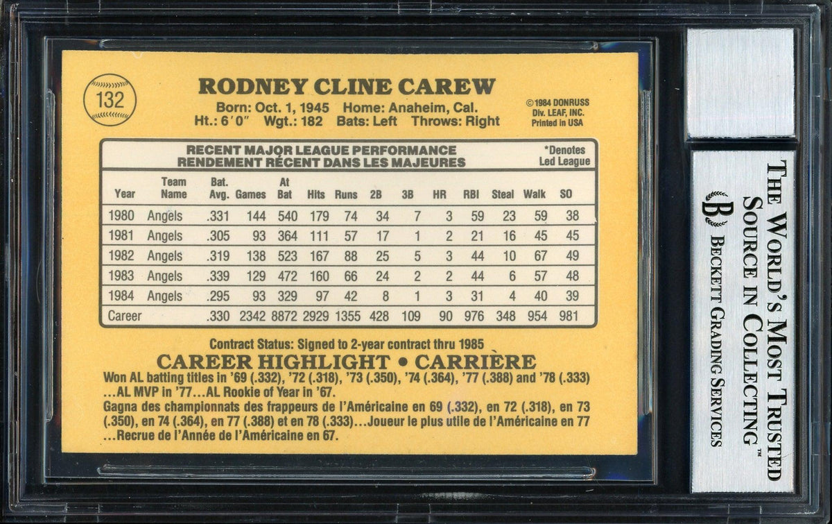 Rod Carew Autographed 1985 Leaf Card #132 California Angels Auto Grade 10 Beckett BAS #12510720