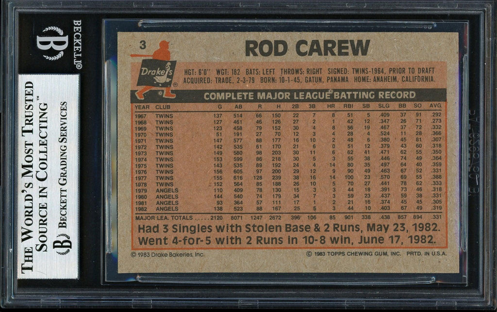 Rod Carew Autographed 1983 Topps Drake's Card #3 California Angels Beckett BAS #12511921