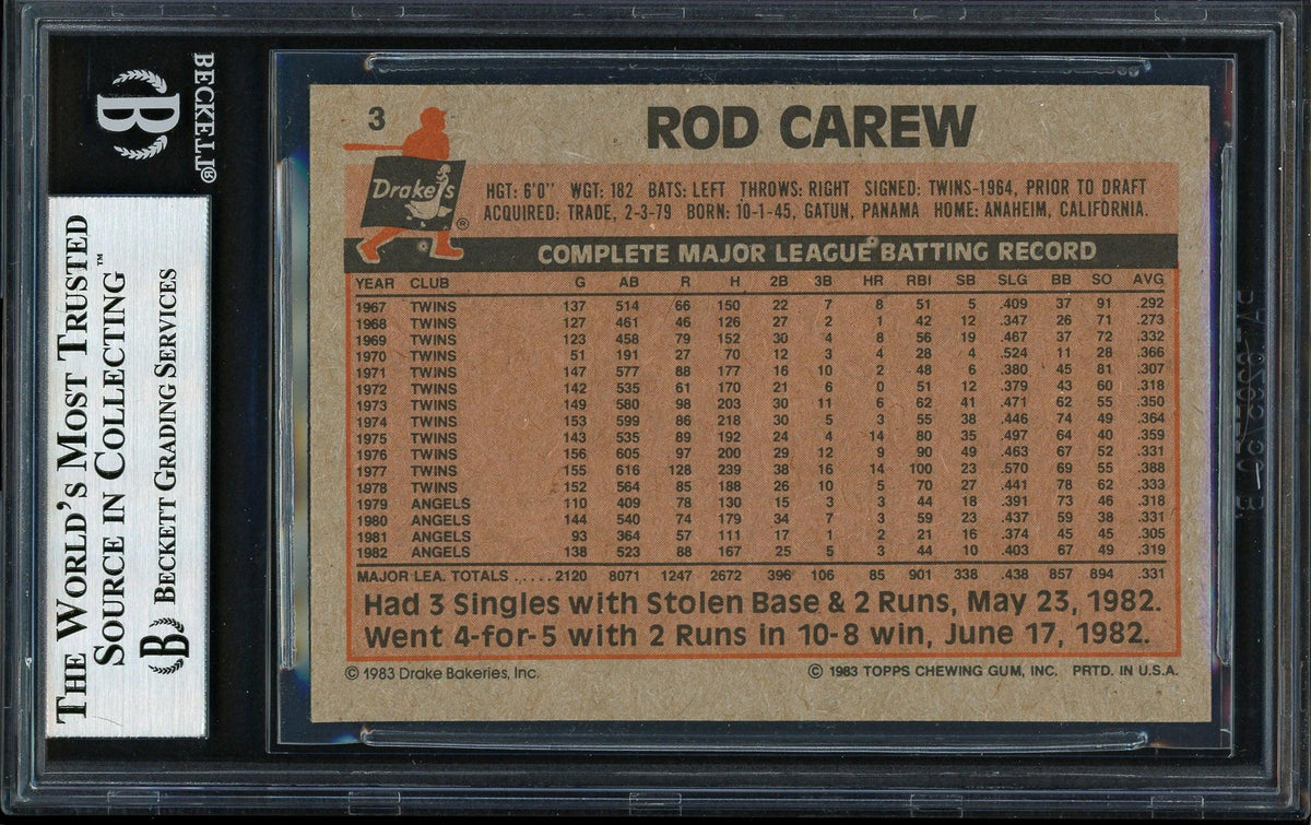 Rod Carew Autographed 1983 Topps Drake's Card #3 California Angels Beckett BAS #12511921