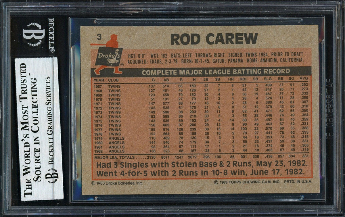 Rod Carew Autographed 1983 Topps Drake's Card #3 California Angels Beckett BAS #12511922