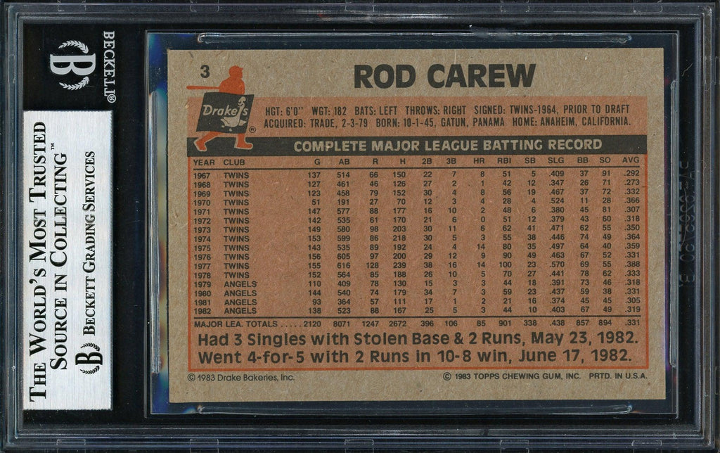 Rod Carew Autographed 1983 Topps Drake's Card #3 California Angels Beckett BAS #12511923