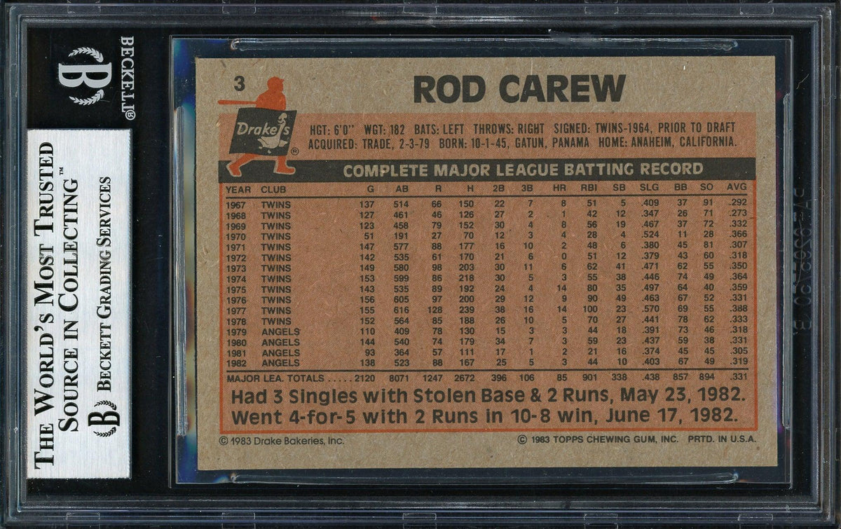 Rod Carew Autographed 1983 Topps Drake's Card #3 California Angels Beckett BAS #12511923