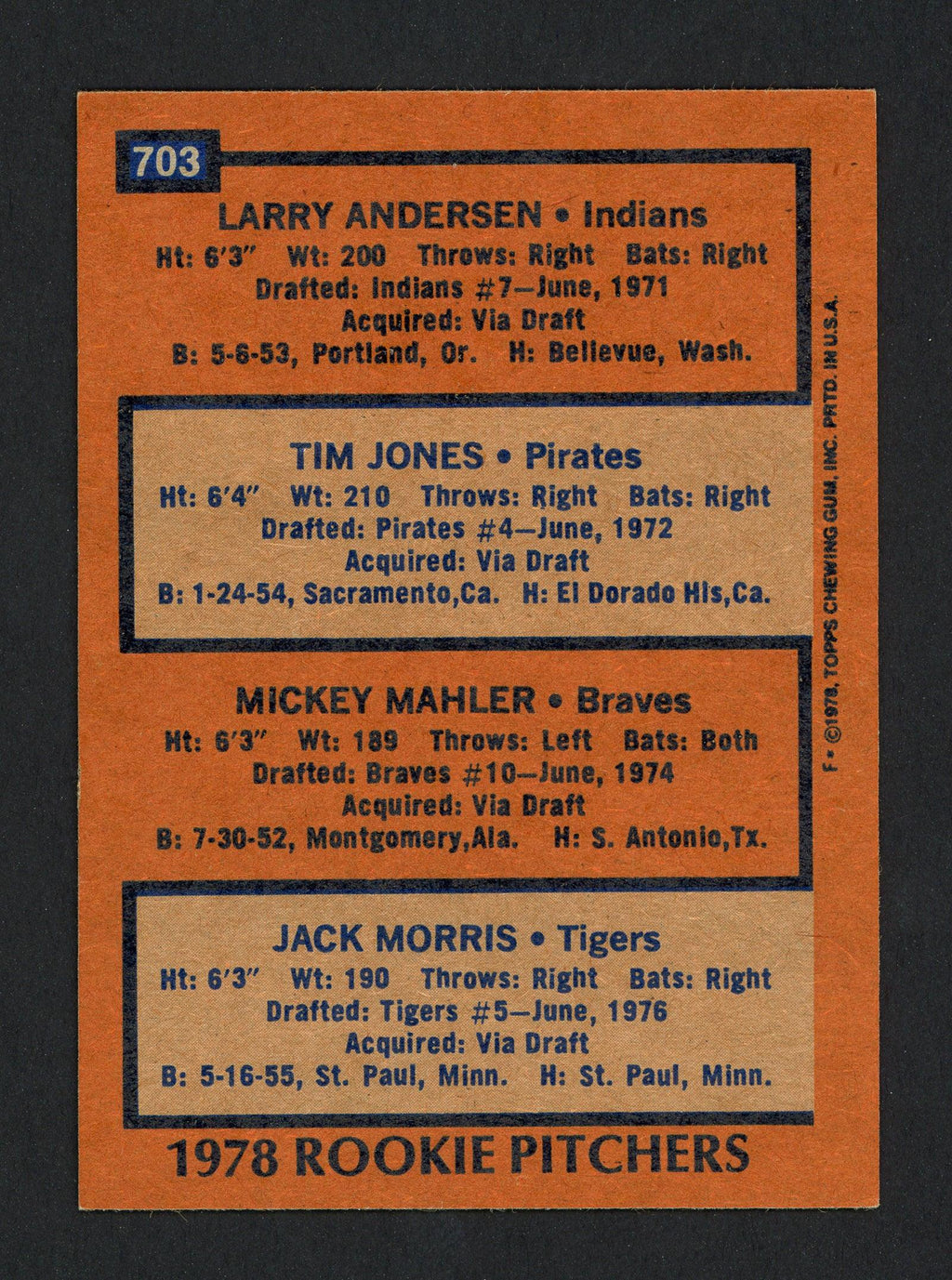 Jack Morris Autographed 1978 Topps Rookie Card #703 Detroit Tigers SKU #161604