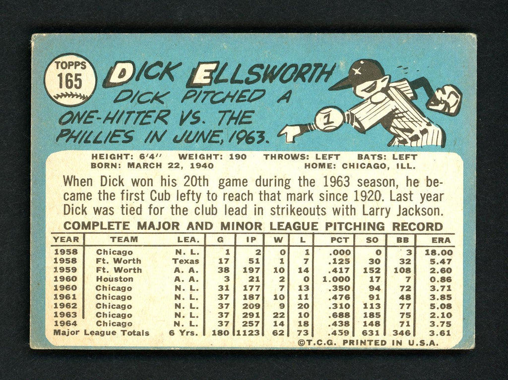 Dick Ellsworth Autographed 1965 Topps Card #165 Chicago Cubs SKU #157094