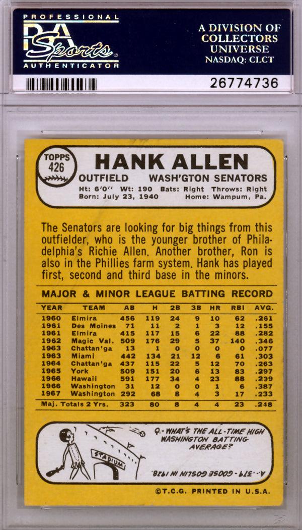 Hank Allen Autographed 1968 Topps Card #426 Washington Senators PSA/DNA #26774736