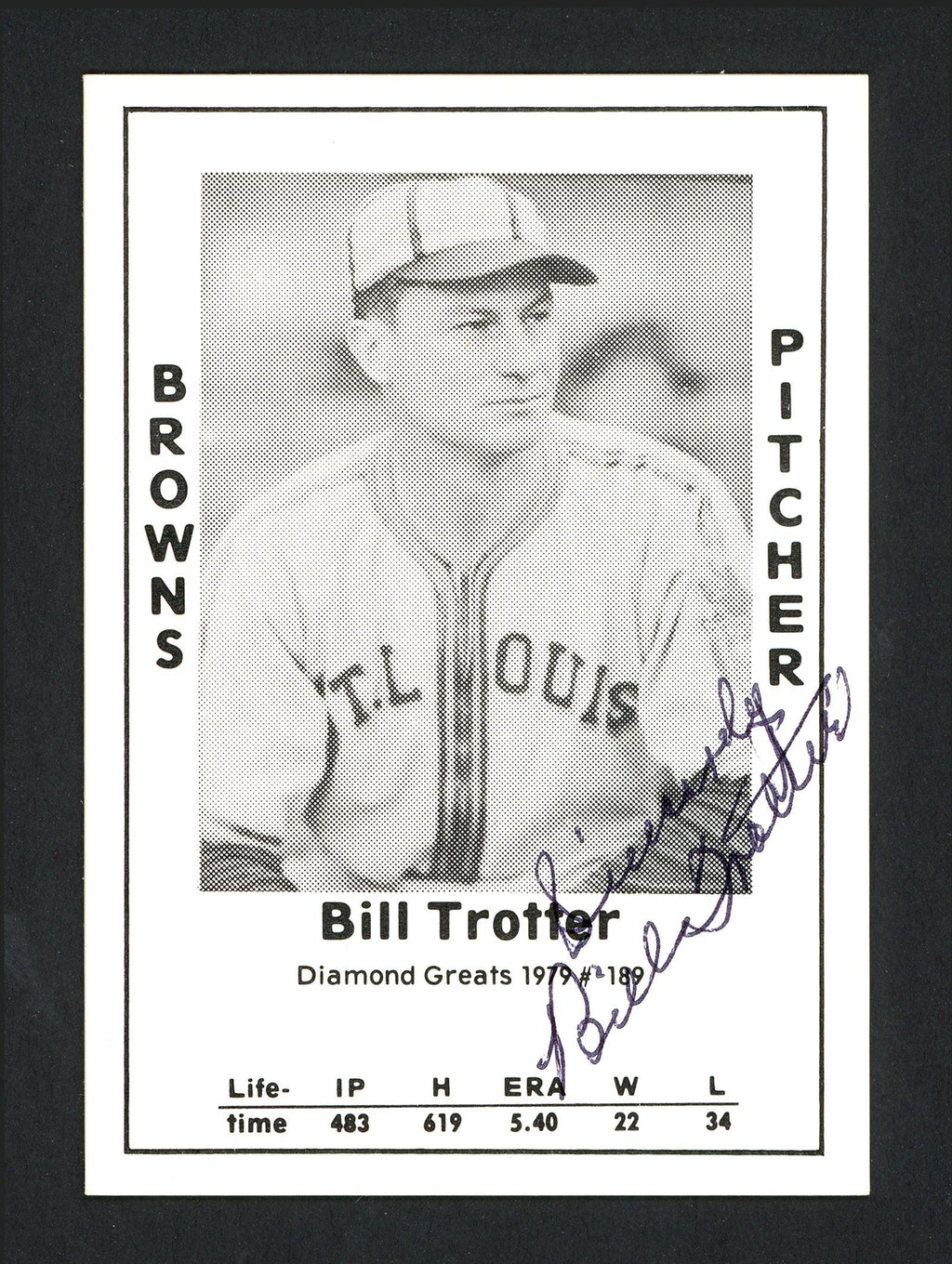 Bill Trotter Autographed 1979 Diamond Greats Card #189 St. Louis Browns SKU #165627