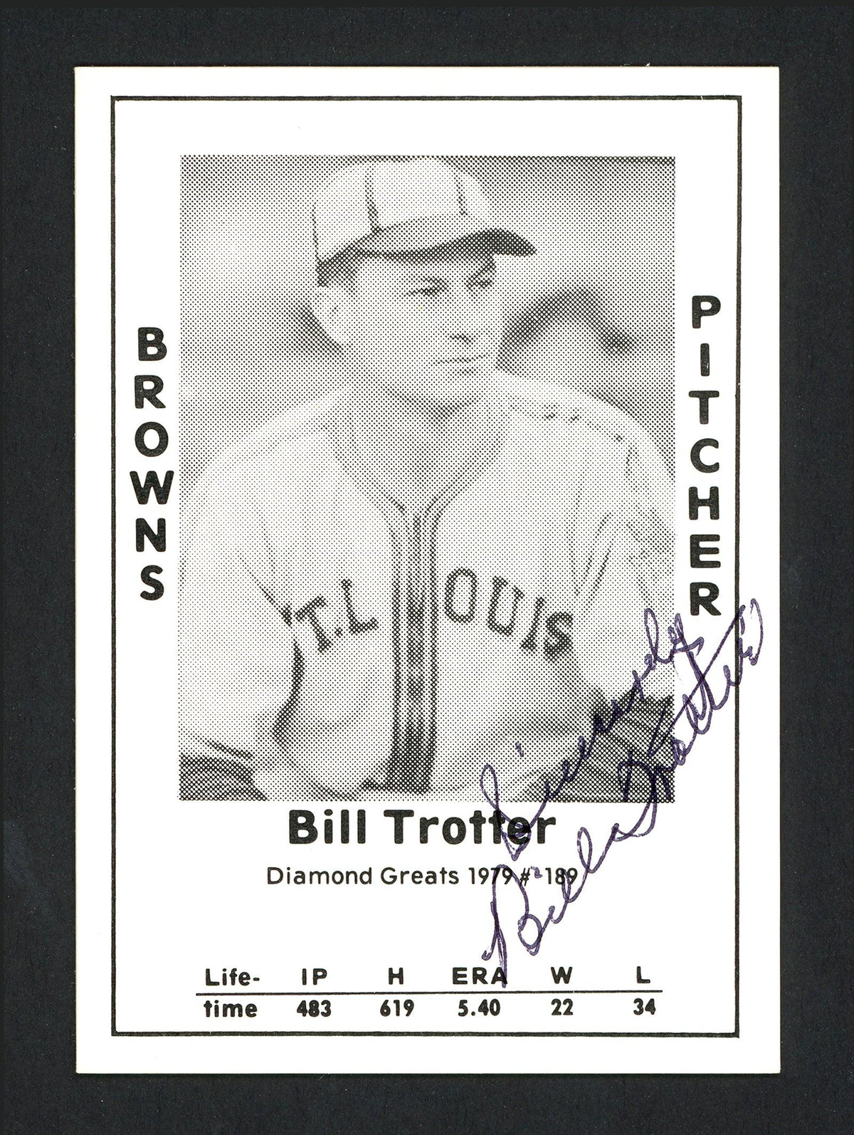 Bill Trotter Autographed 1979 Diamond Greats Card #189 St. Louis Browns SKU #165627