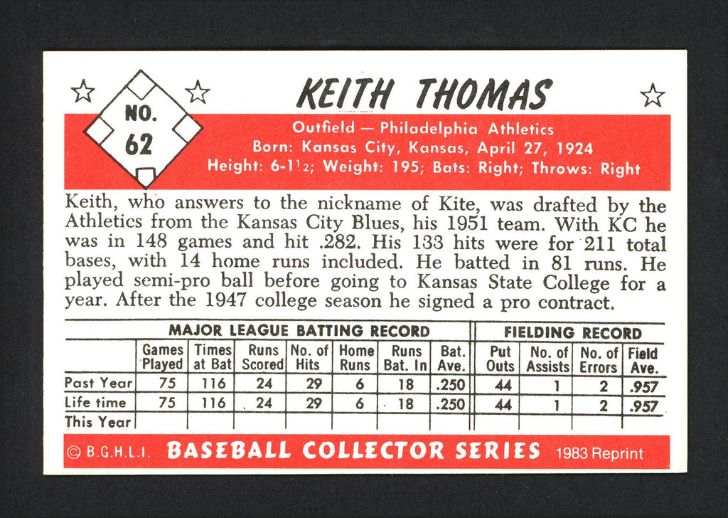 Keith "Kite" Thomas Autographed 1983 CCC 1953 Bowman Reprint Card #62 Philadelphia A's SKU #165632