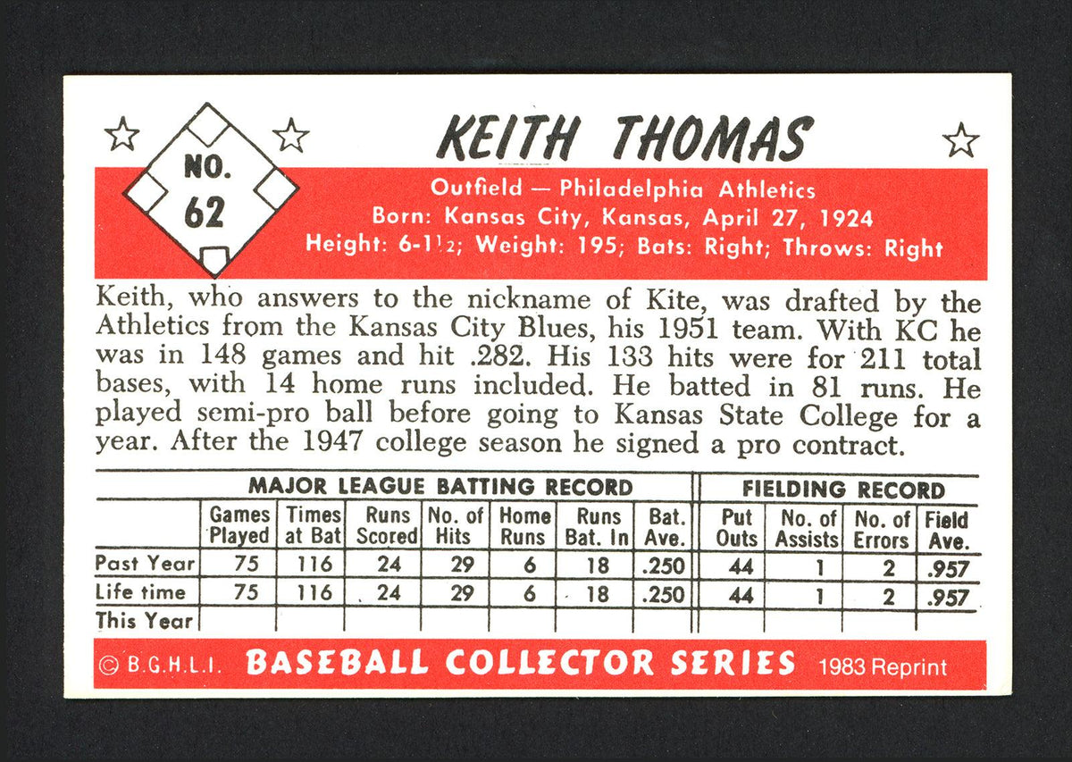 Keith "Kite" Thomas Autographed 1983 CCC 1953 Bowman Reprint Card #62 Philadelphia A's SKU #165632