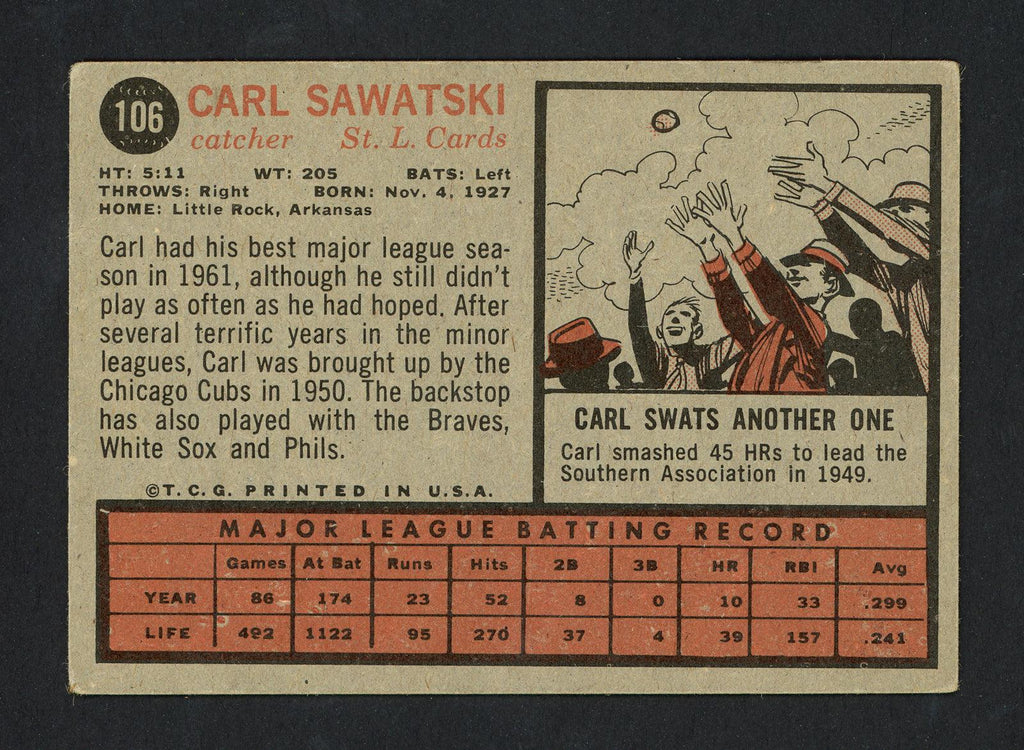 Carl Sawatski Autographed 1962 Topps Card #106 St. Louis Cardinals SKU #161873