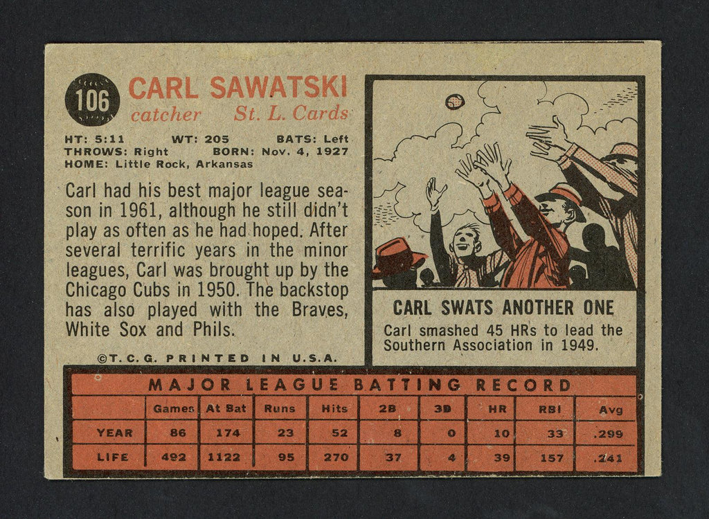 Carl Sawatski Autographed 1962 Topps Card #106 St. Louis Cardinals SKU #161875
