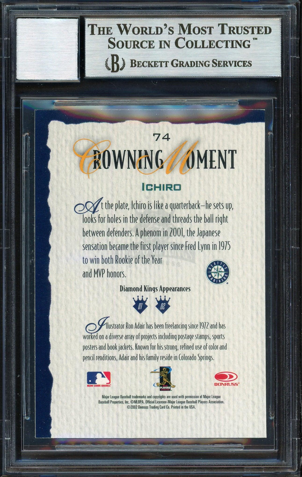 Ichiro Suzuki Autographed 2002 Donruss Diamond Kings Card #74 Seattle Mariners Auto Grade 10 Beckett BAS Stock #189817