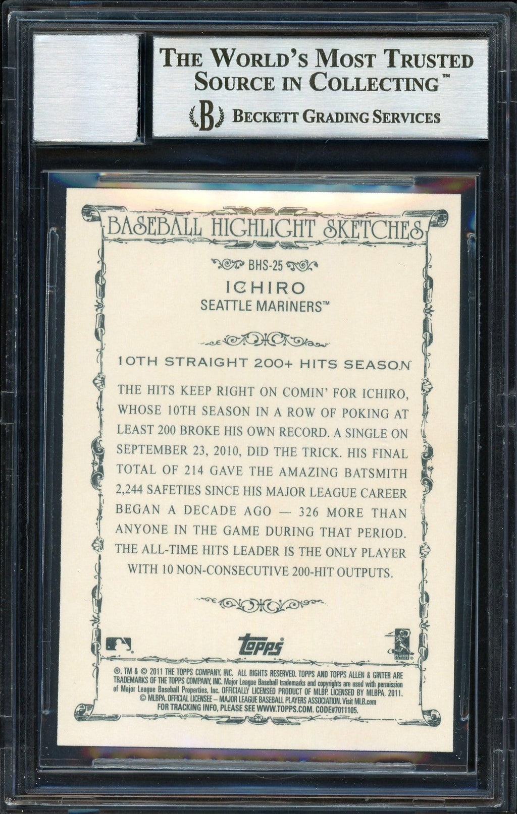 Ichiro Suzuki Autographed 2011 Topps Allen & Ginter Highlight Sketches Card #BHS-25 Seattle Mariners Auto Grade 10 Beckett BAS #12669847