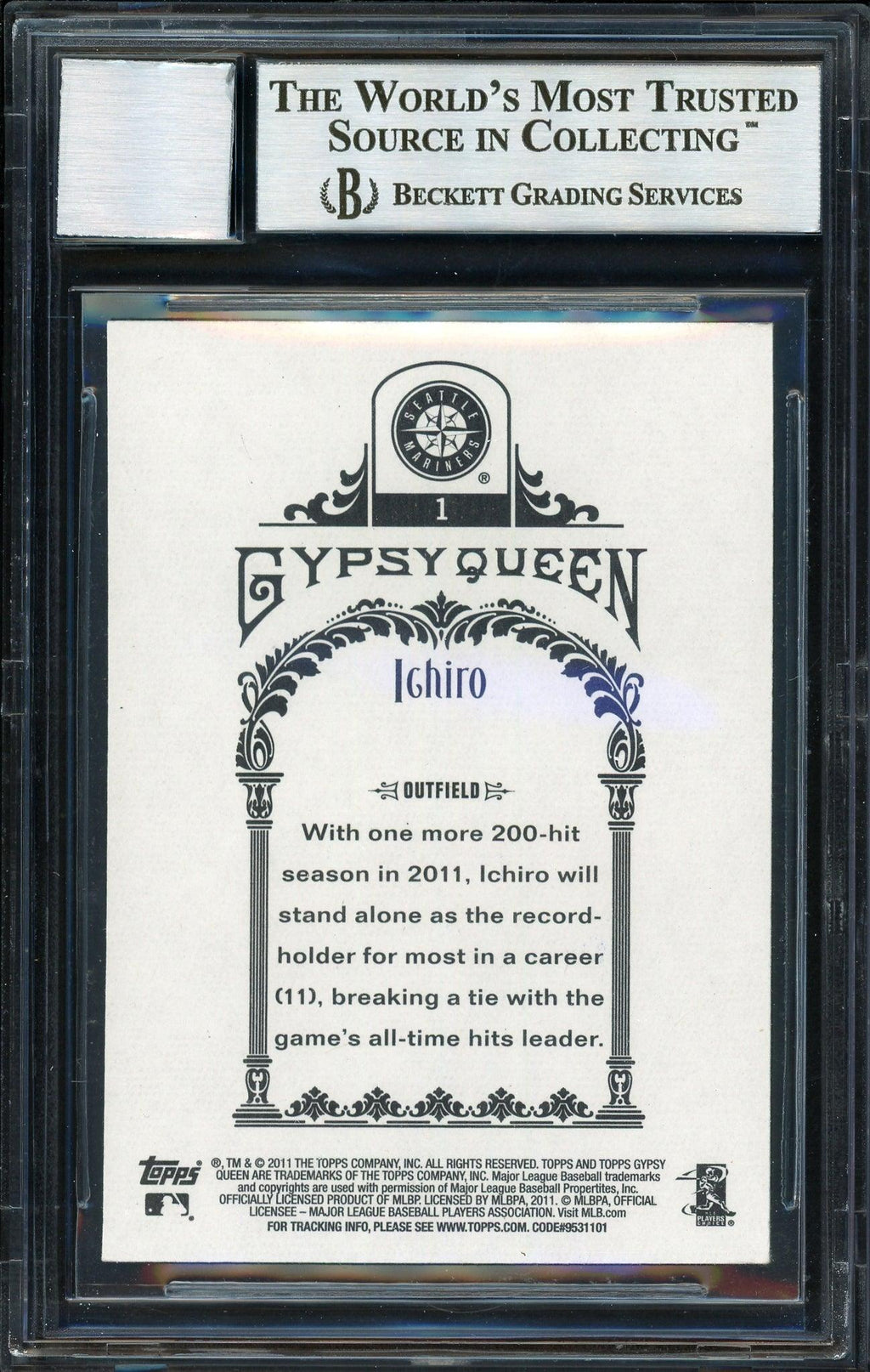 Ichiro Suzuki Autographed 2011 Topps Gypsy Queen Card #1 Seattle Mariners Auto Grade 10 Beckett BAS #12669857