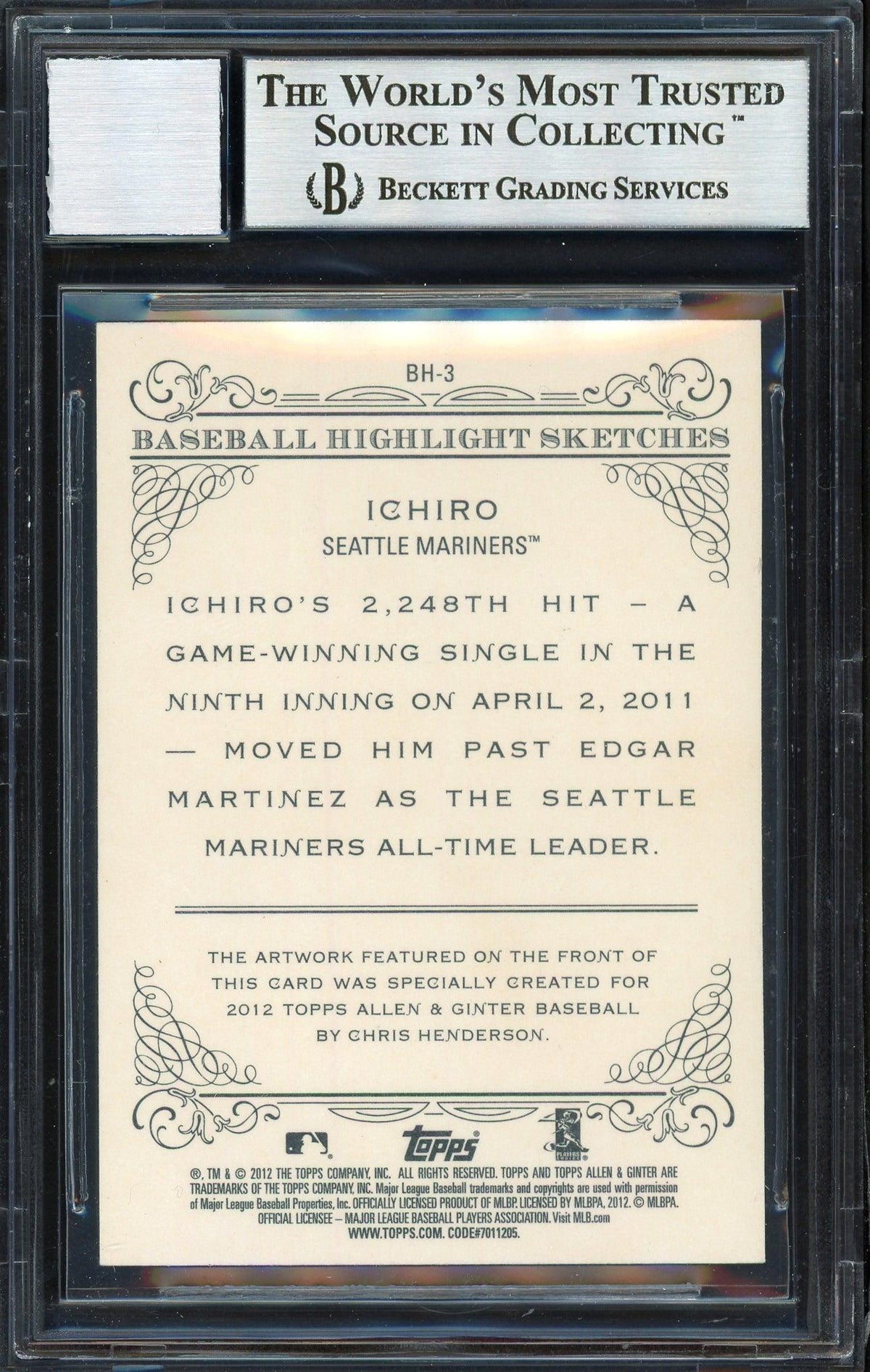 Ichiro Suzuki Autographed 2012 Topps Allen & Ginter Highlight Sketches Card #BH-3 Seattle Mariners Auto Grade 10 Beckett BAS #12669883