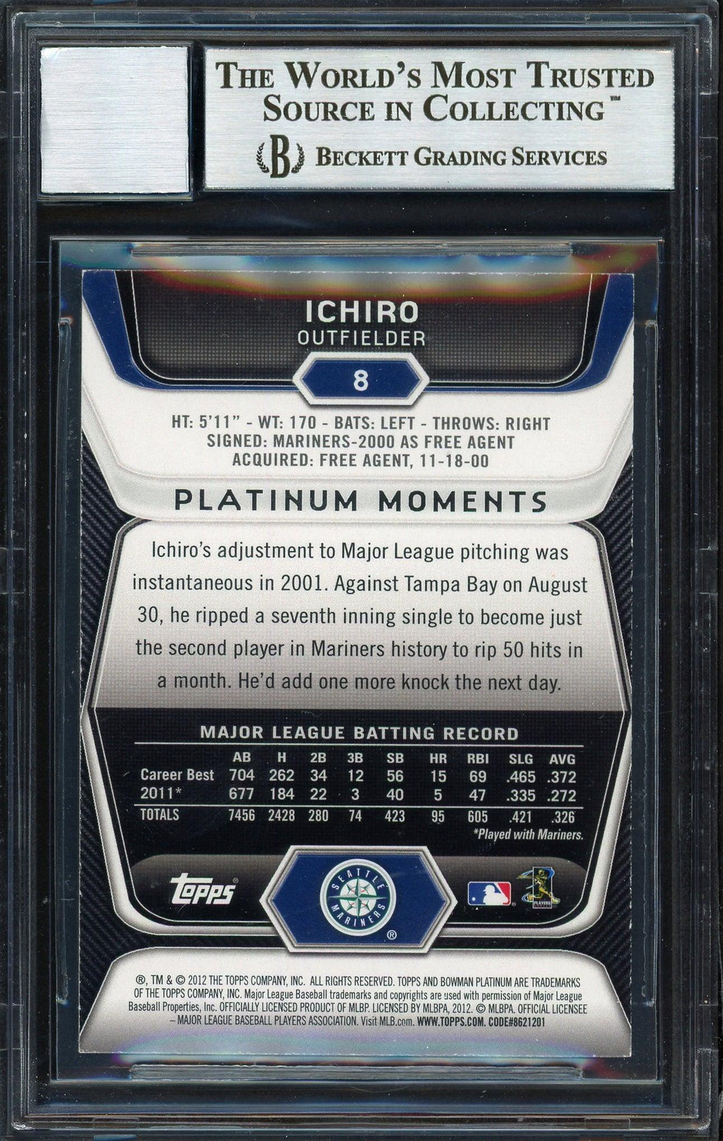 Ichiro Suzuki Autographed 2012 Bowman Platinum Card #8 Seattle Mariners Auto Grade 10 Beckett BAS Stock #189911