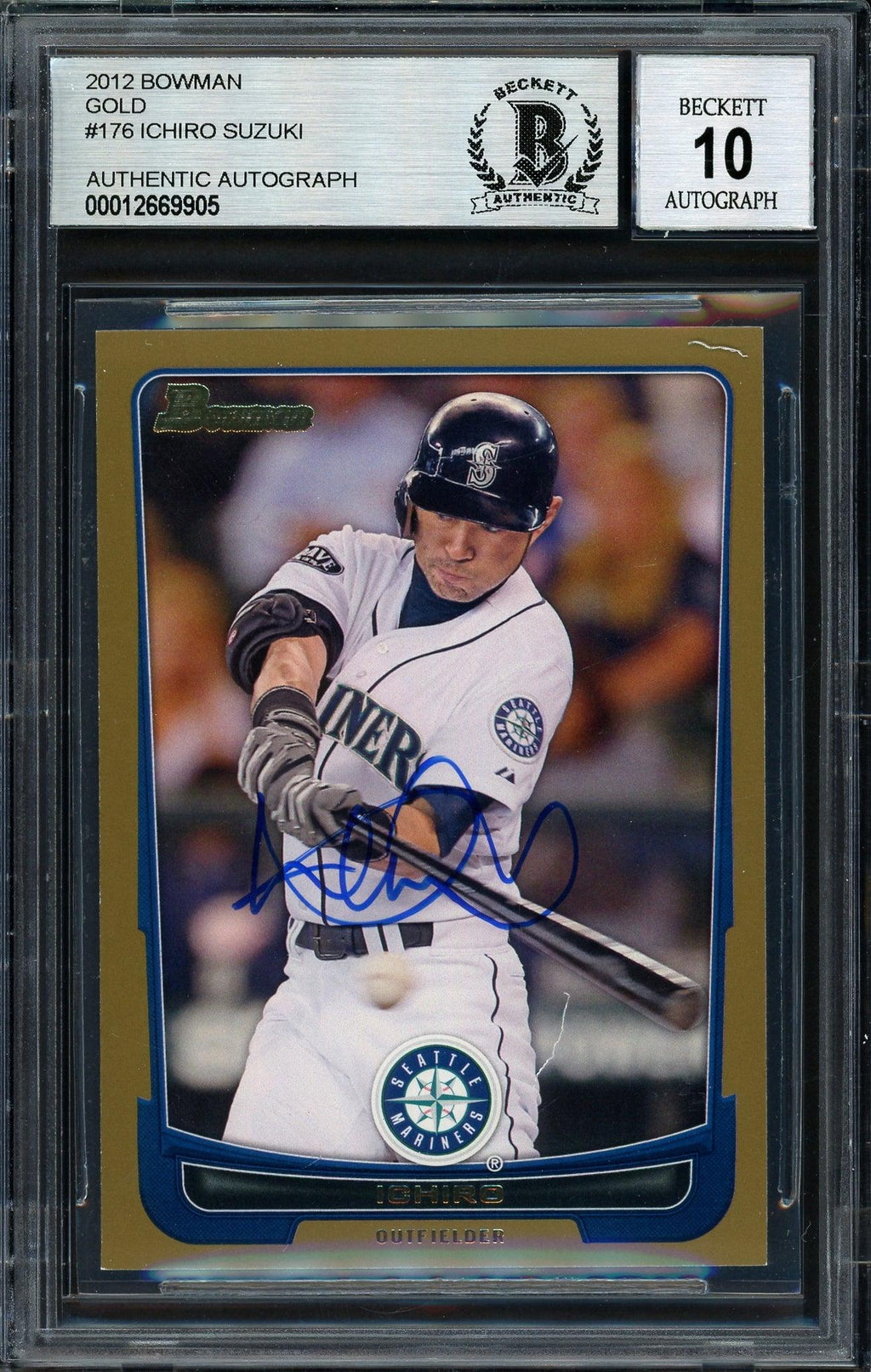 Ichiro Suzuki Autographed 2012 Bowman Gold Card #176 Seattle Mariners Auto Grade 10 Beckett BAS #12669905