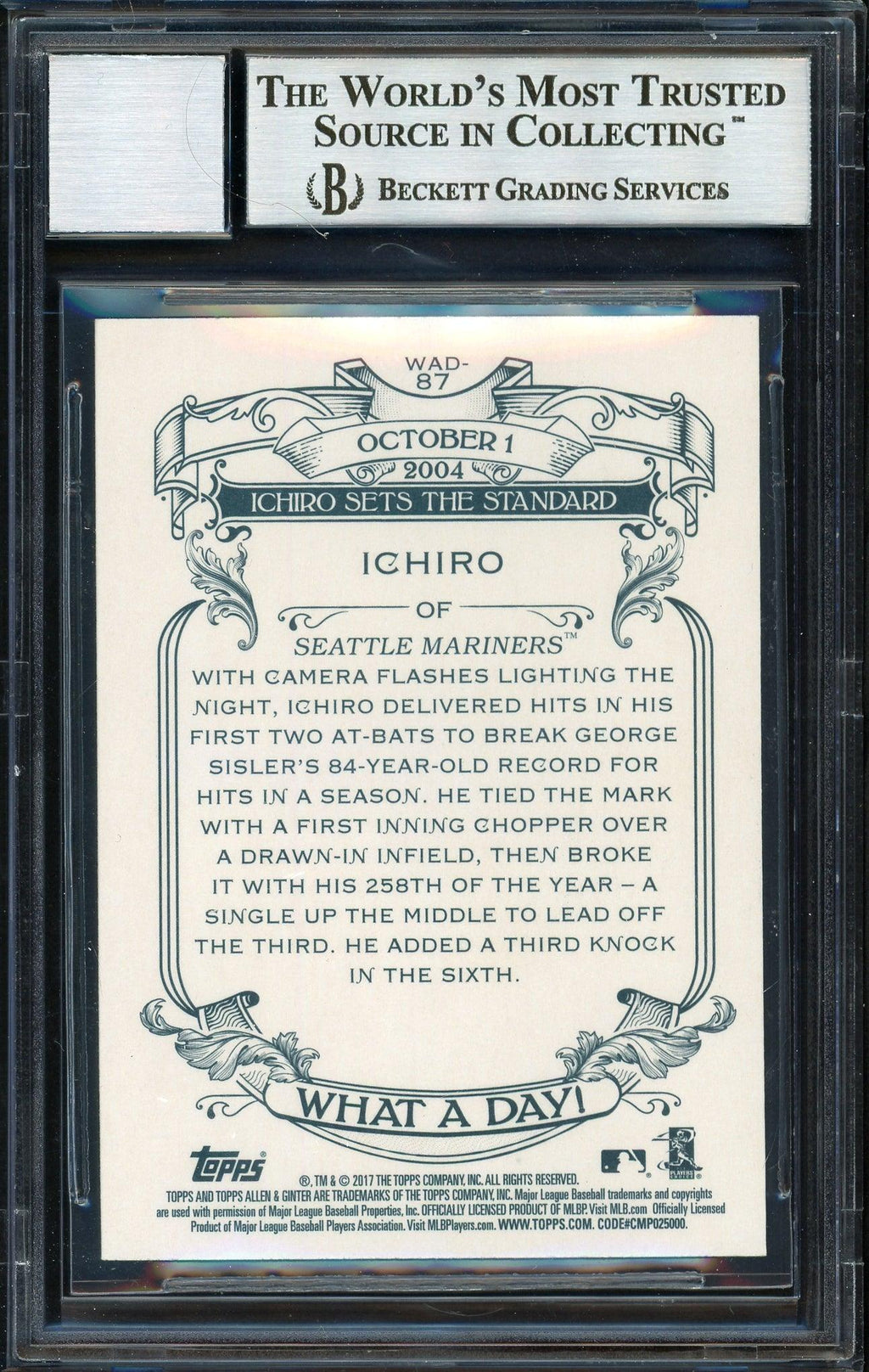 Ichiro Suzuki Autographed 2017 Topps Allen & Ginter What A Day Card #WAD-87 Seattle Mariners Auto Grade 10 Beckett BAS Stock #189933